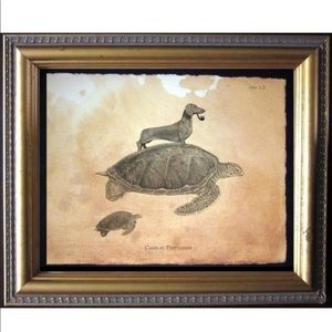 Dachshund Dog on Turtle Wall Art Print Tea Stained